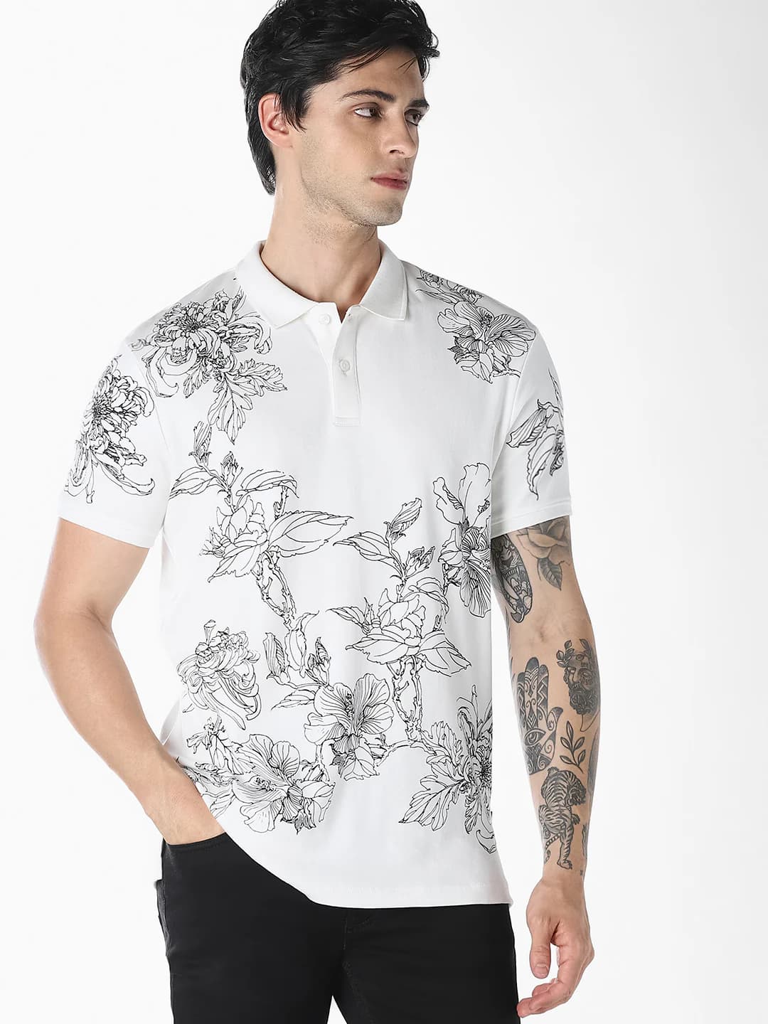 Men's White Floral Print Cotton Polo Tshirt
