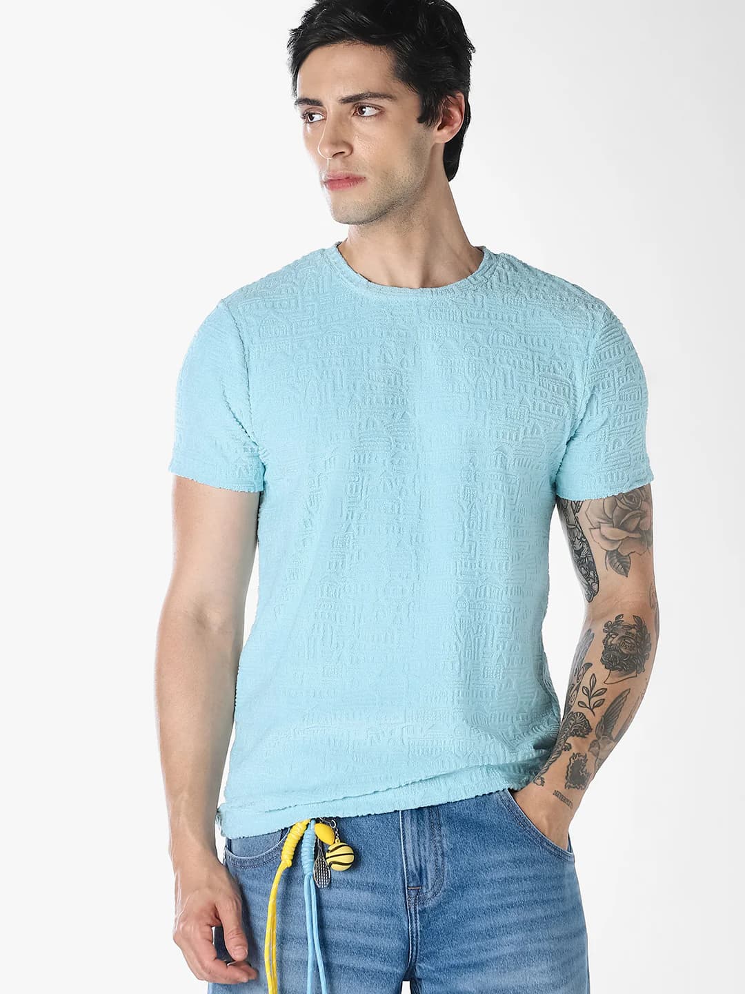 Men's Light Blue Textured Cotton T-shirt