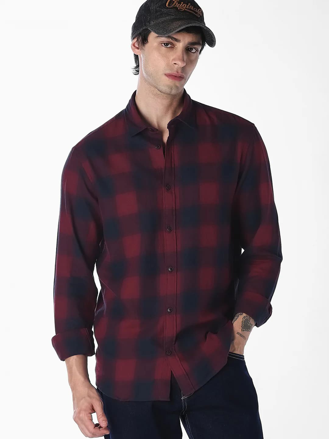 Men's Maroon Gingham Check Shirt