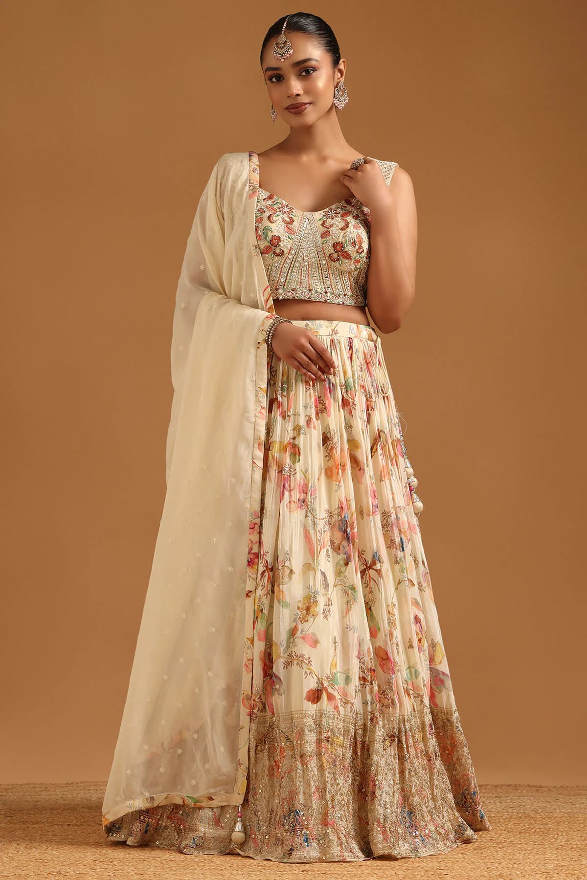 Women's Cream Festive Zari Work Lehenga Choli