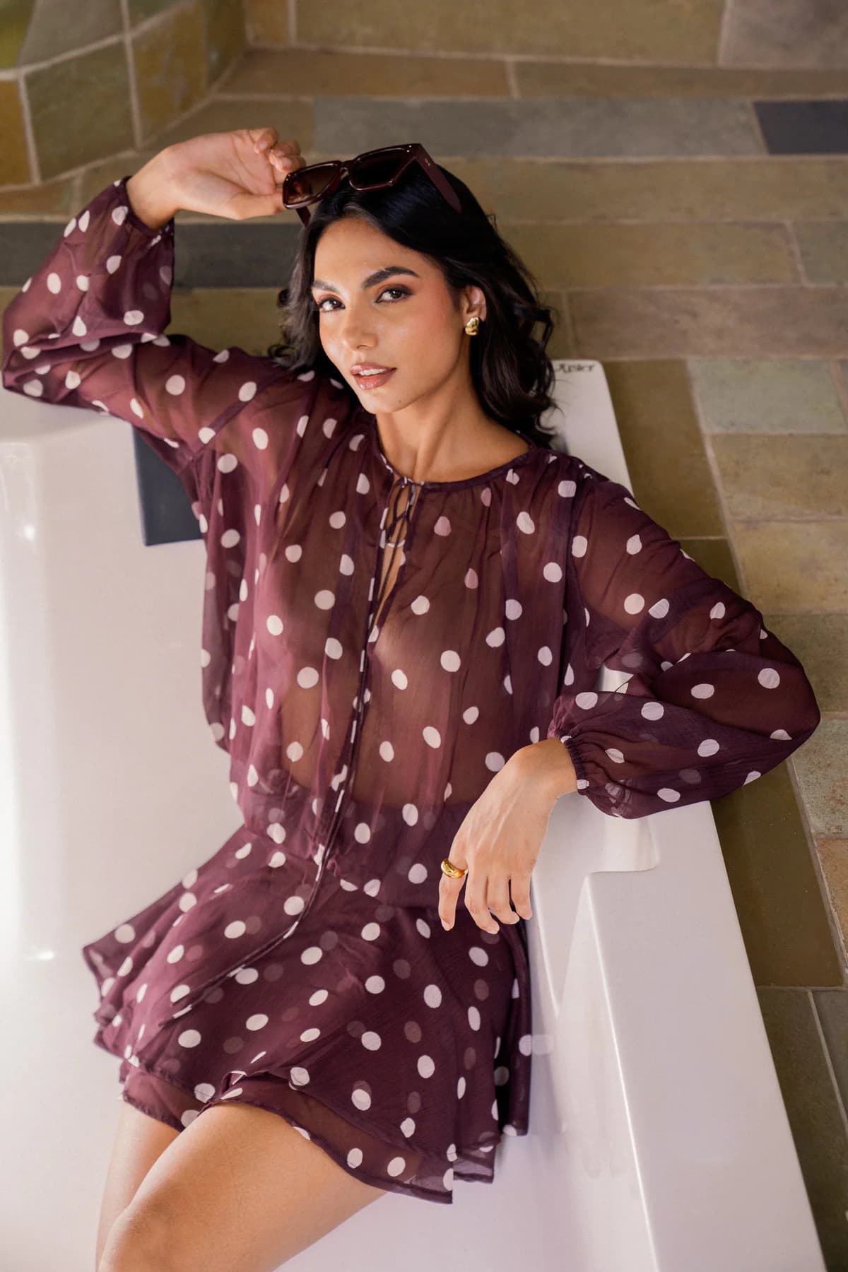 Women's Brown Casual Fit & Flared Full Sleeves Soft Flare Polka Mini Chiffon Dress