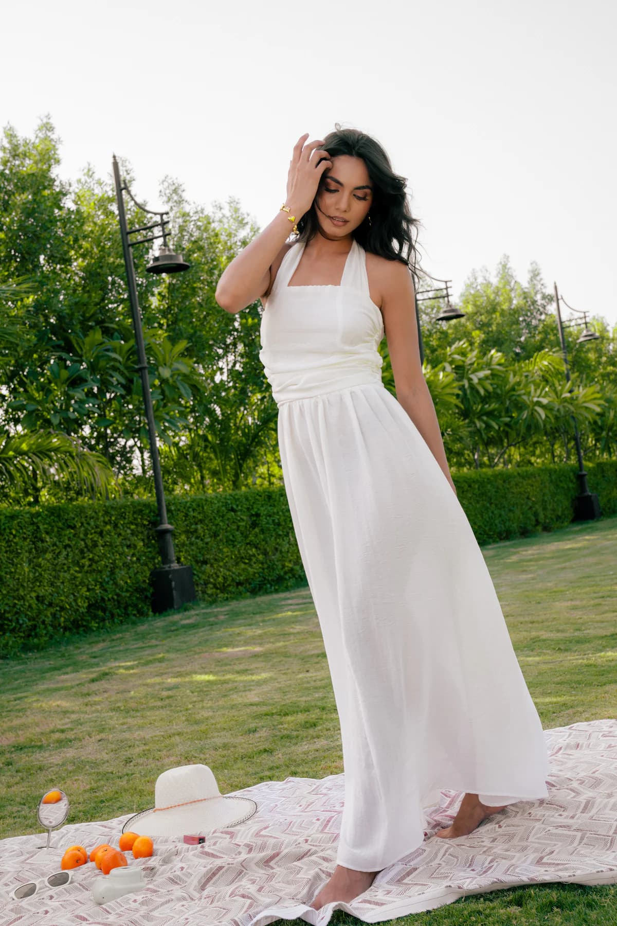 Women's White Casual Fit & Flared Sleeveless Pleated Halter Maxi Dress