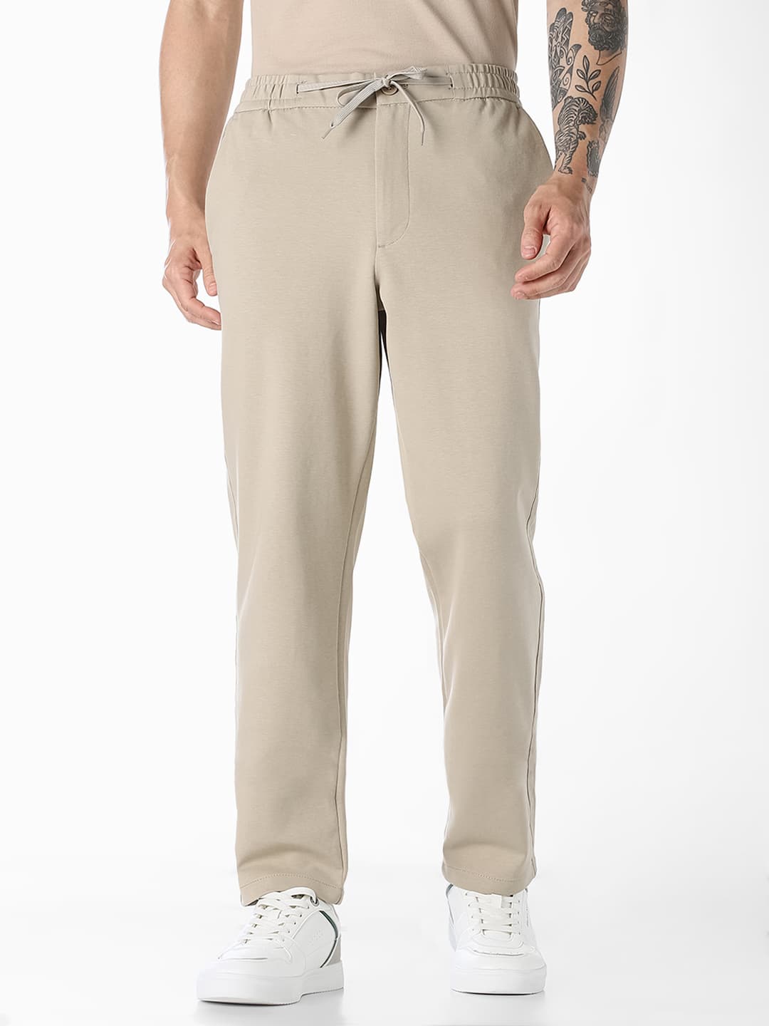 Men's Beige Casual Regular Fit Low Rise Chinos