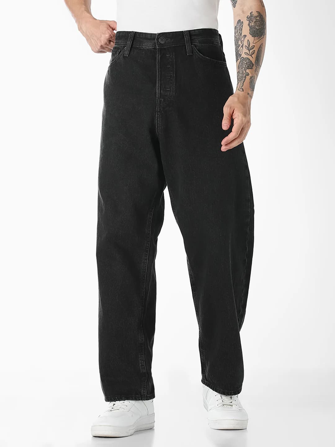 Men's Black Casual Baggy Fit Low Rise 5 Pocket Jeans