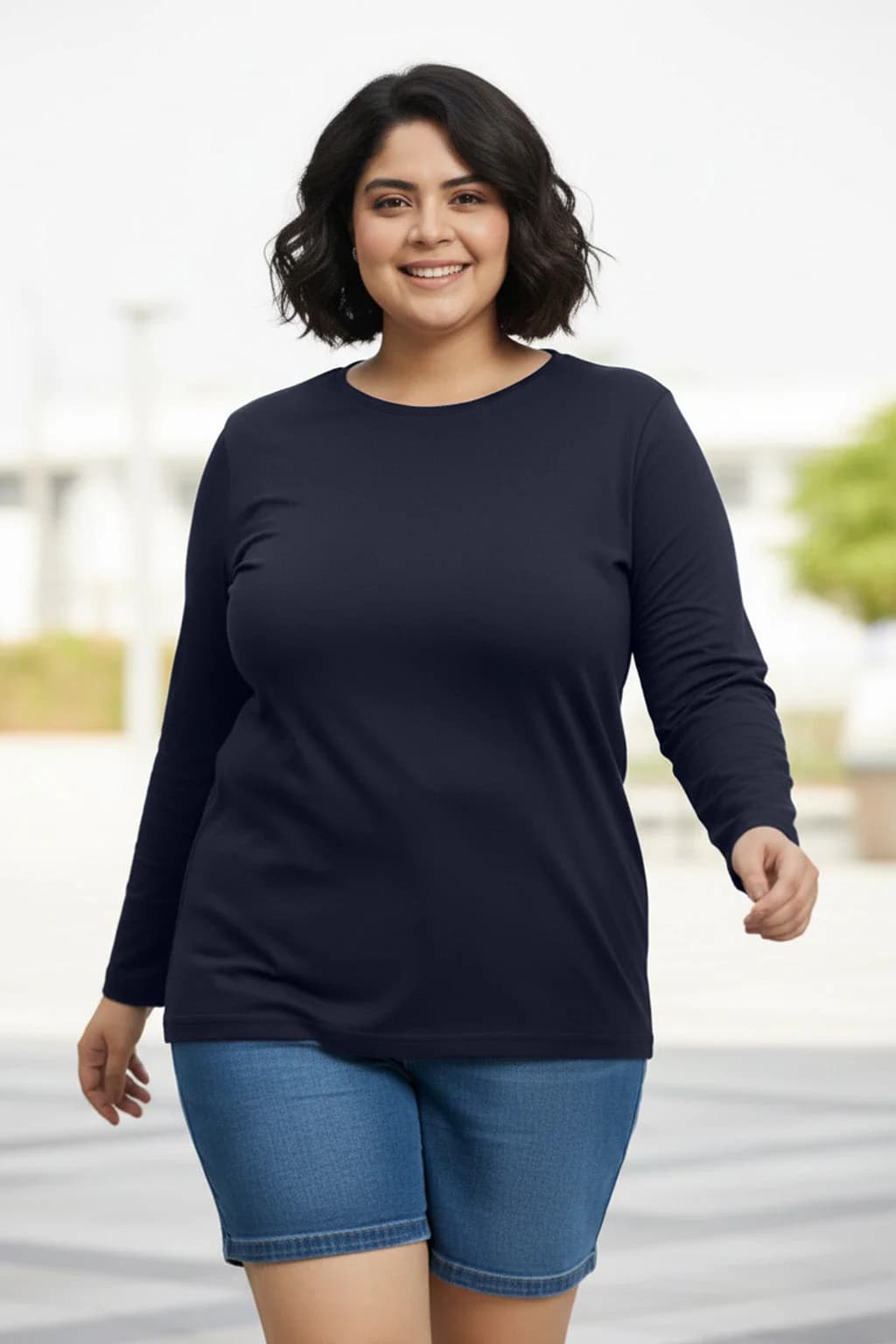 Women's Navy Casual Printed Oversized Fit Plus Size Tshirt