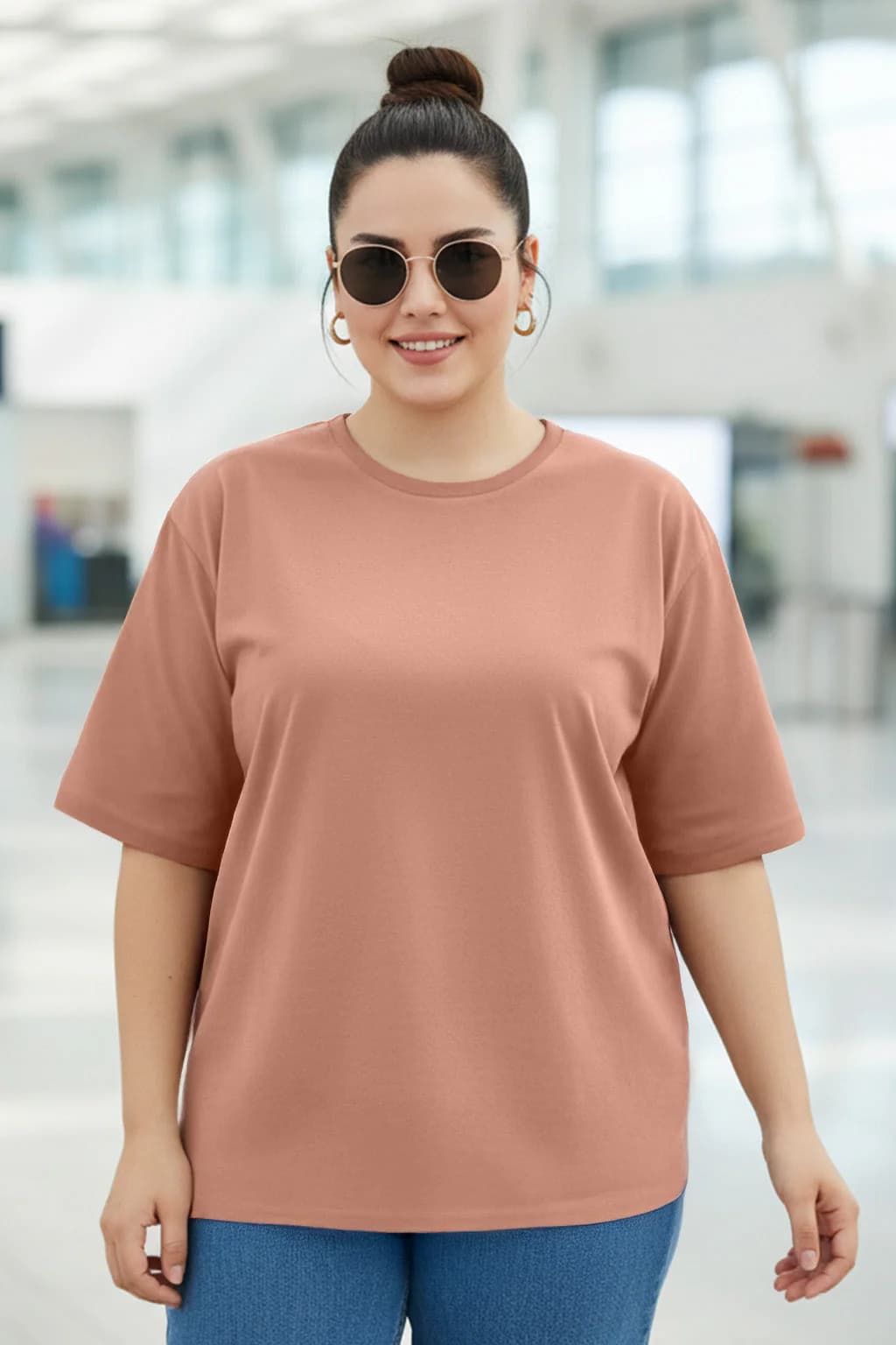 Women's Pink Casual Printed Oversized Fit Plus Size Tshirt