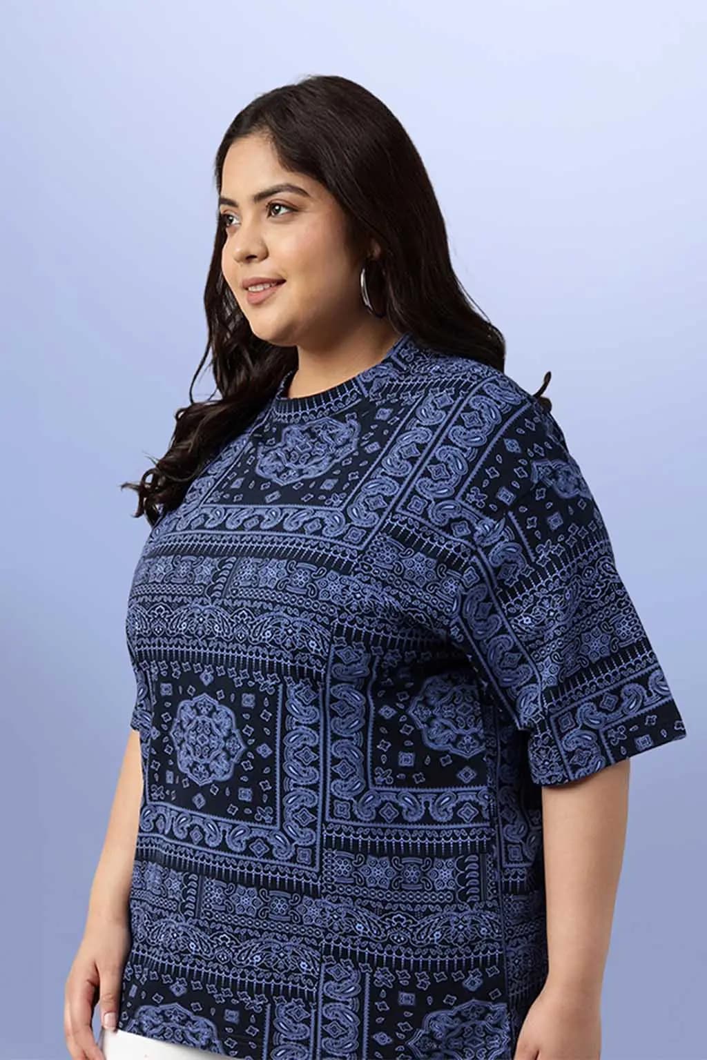 Women's Navy Casual Printed Oversized Fit Plus Size Tshirt