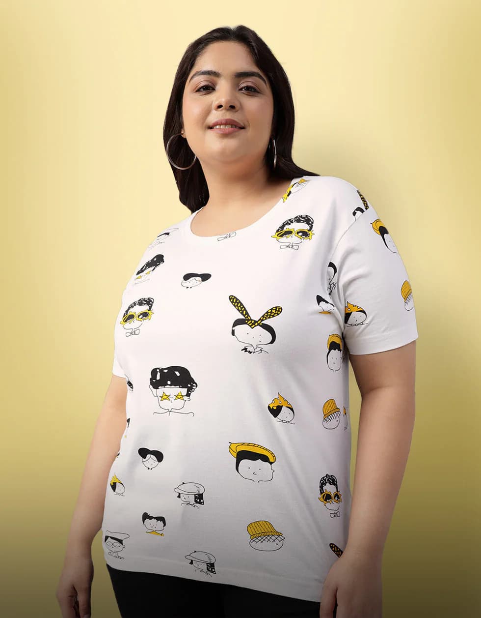 Women's White Casual Printed Oversized Fit Plus Size Tshirt