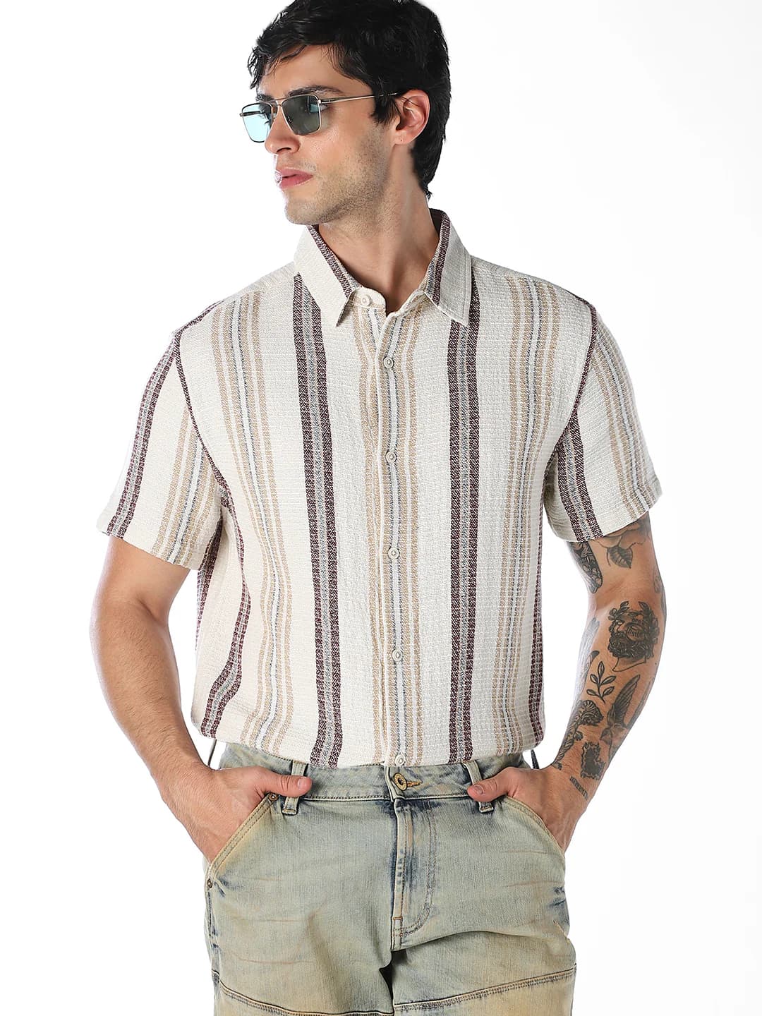 Men's Beige Casual Regular Fit Cotton Half Sleeves Striped Shirt