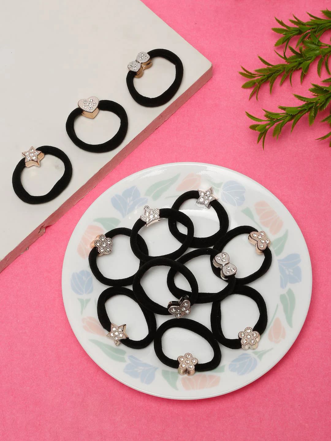 Girls Black Embellished Ponytail Holders - Pack of 12