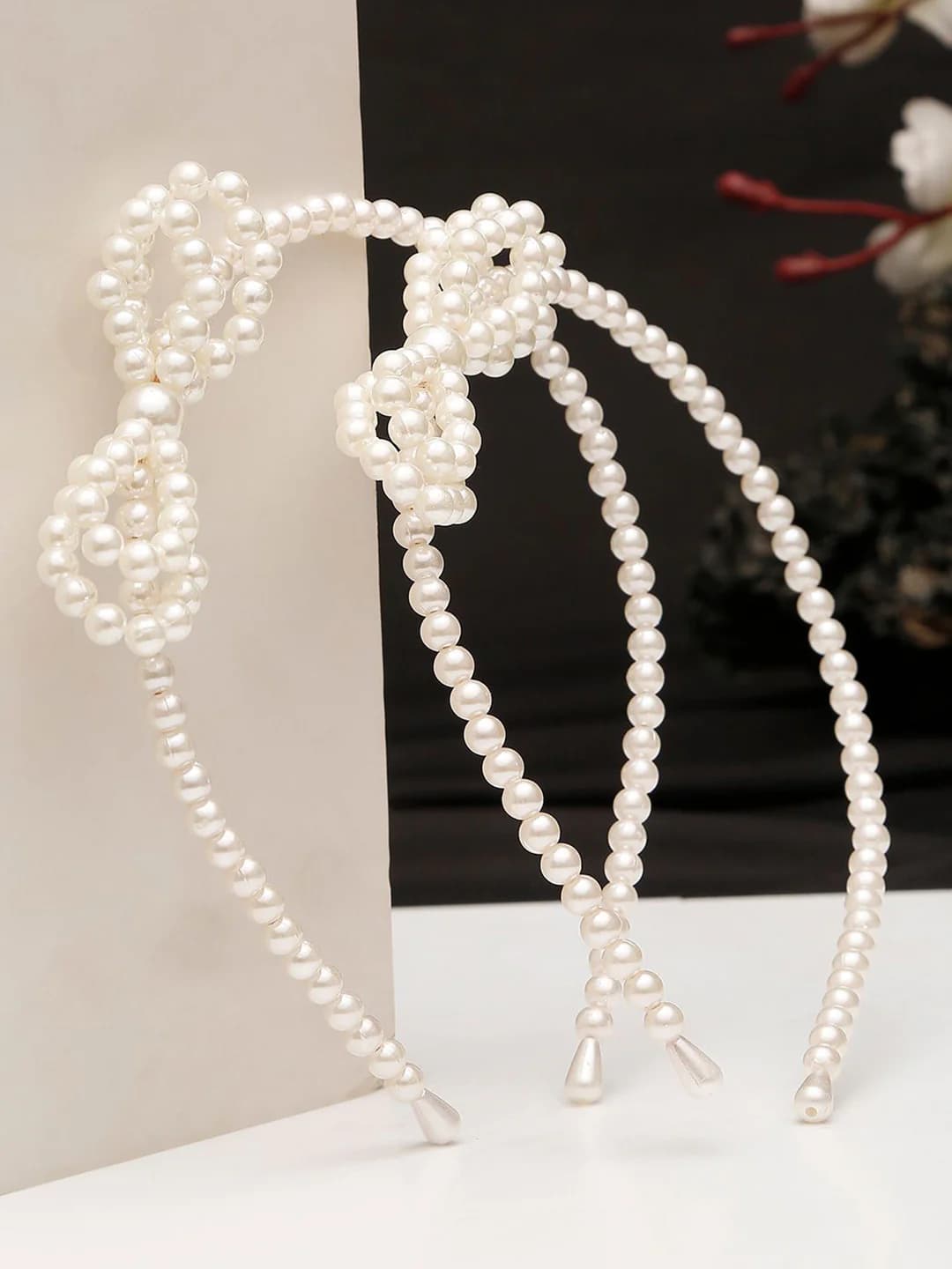 Women's White Pearl Bow Hairband - Set of 2