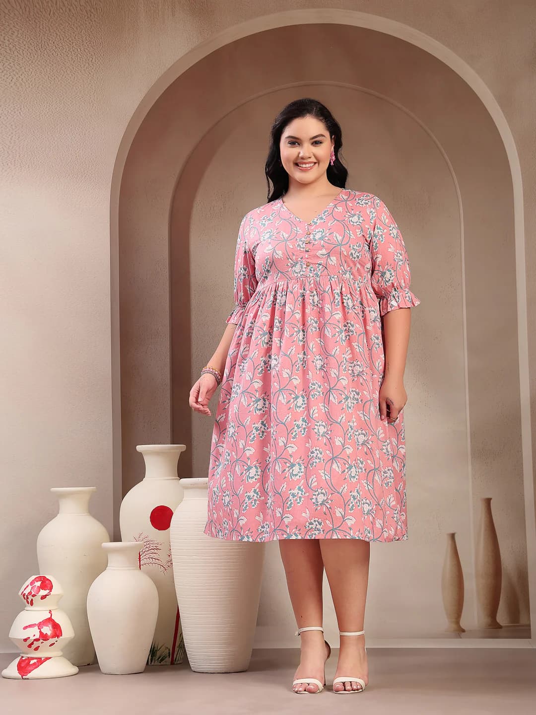 Women's Pestal Pink Ethnic Printed Cotton Flared Plus Size Dress