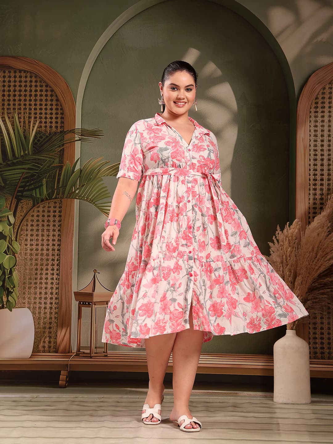 Women's Pestal Pink Floral Printed Cotton Flared Plus Size Dress