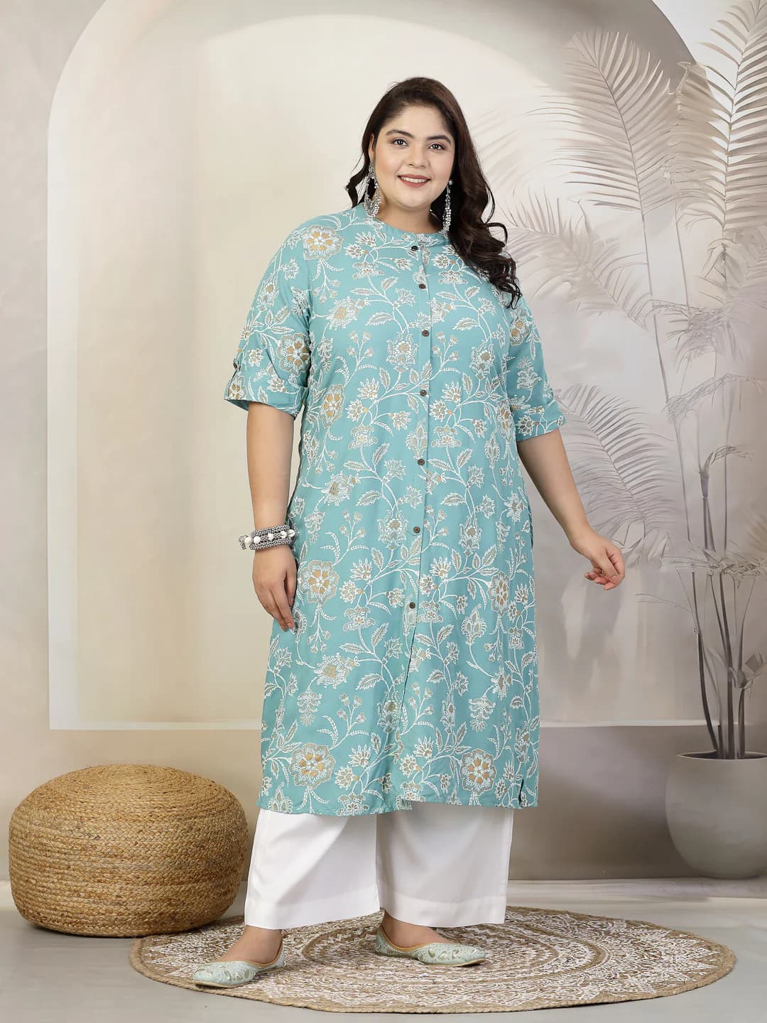 Women's Blue Casual Floral Print Rayon A-Line Kurta