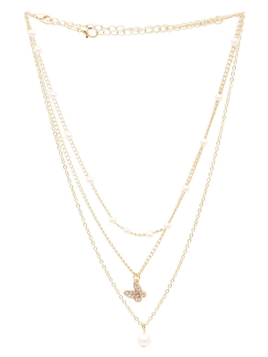 Women's Gold Artificial Stones Studded and Pearls Beaded Layered Minimal Necklace
