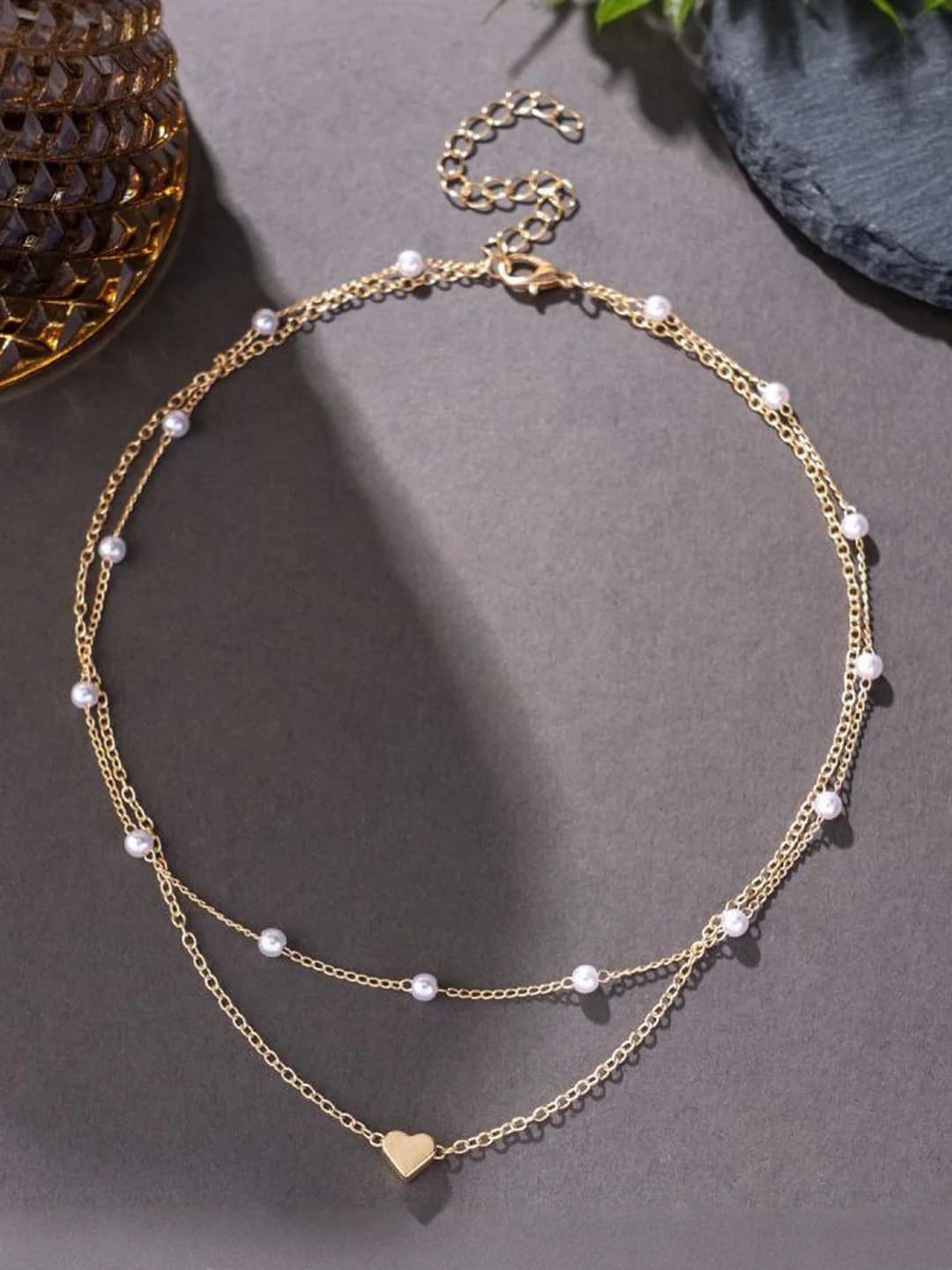 Women's Gold-Plated Pearls Beaded Heart Double Layered Necklace