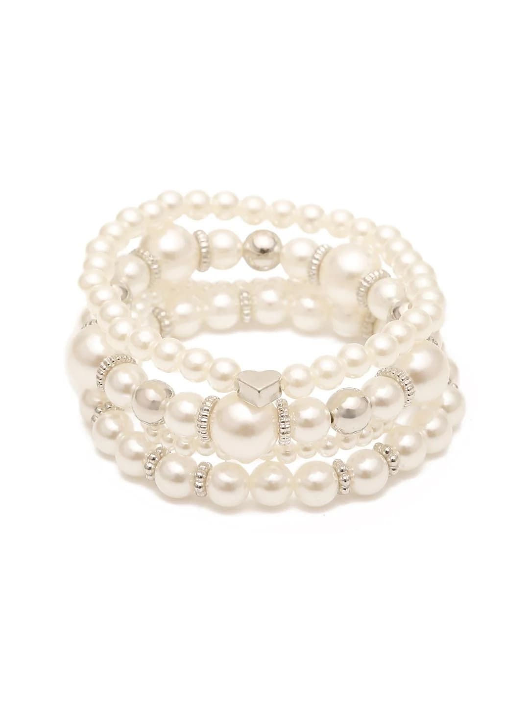 Women's Silver Pearls Beaded Elasticated Bracelet - Set of 4