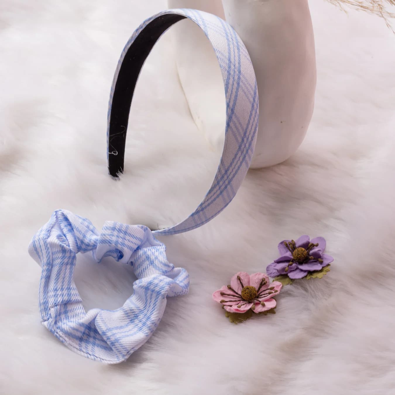 Women's Blue Checkered Hairband and Scrunchie Matching Hair Accessories Combo - Pack of 2
