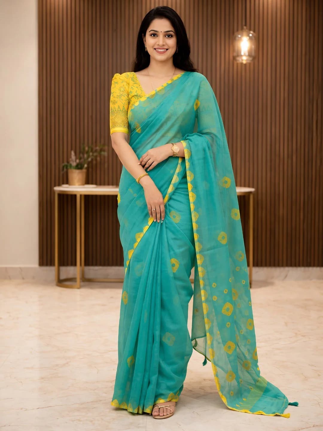 Women's Green Linen Saree with Yellow Bandhani Print and Unstitched Blouse Piece