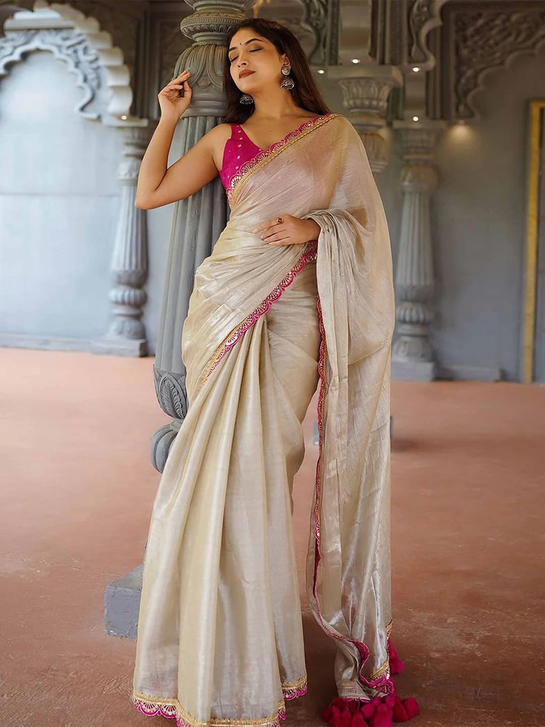Women's Pastel Grey Jimmy Choo Tissue Saree with Ombre Print Sequins Embroidery and Unstitched Blouse Piece