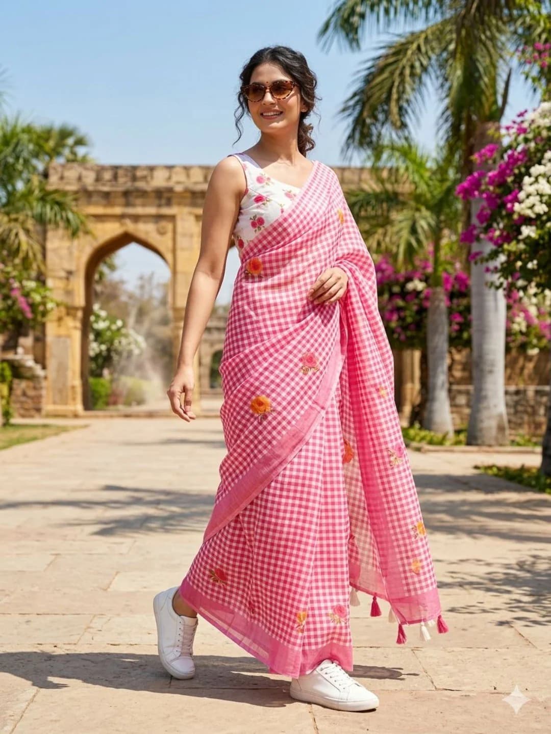 Women's Pink Linen Saree with Checked Pattern Floral Motifs and Unstitched Blouse Piece