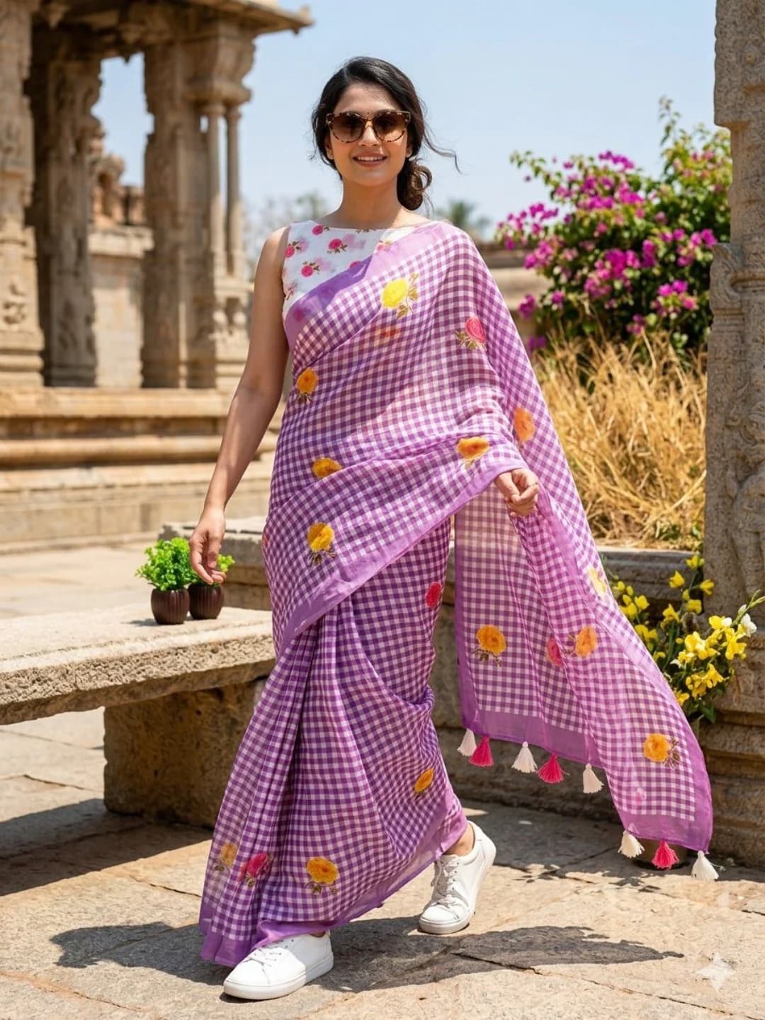 Women's Purple Linen Saree with Checked Pattern Floral Motifs and Unstitched Blouse Piece