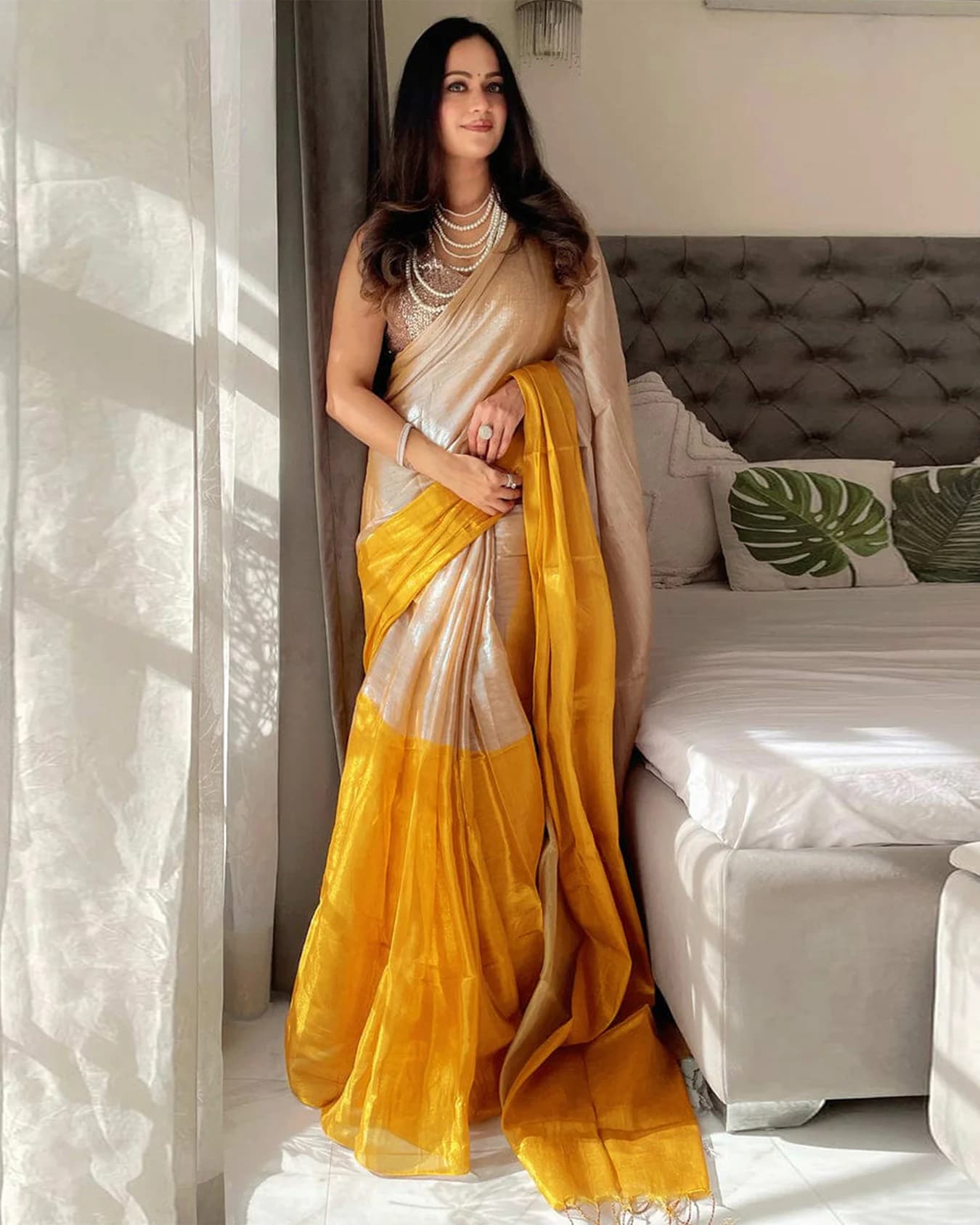 Women's Chikoo & Mustard Art Silk Saree with Decorative Ends and Unstitched Blouse Piece