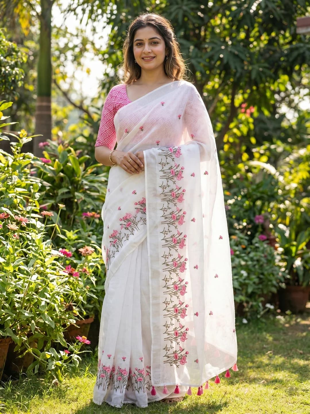 Women's White Pure Linen Saree with Floral Embroidery Tassel Detailing and Unstitched Blouse Piece