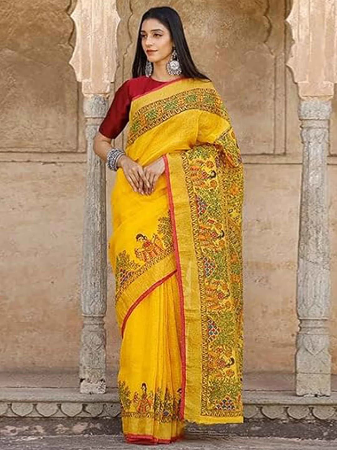 Women's Yellow Linen Saree with Madhubani Motif Print and Unstitched Blouse Piece