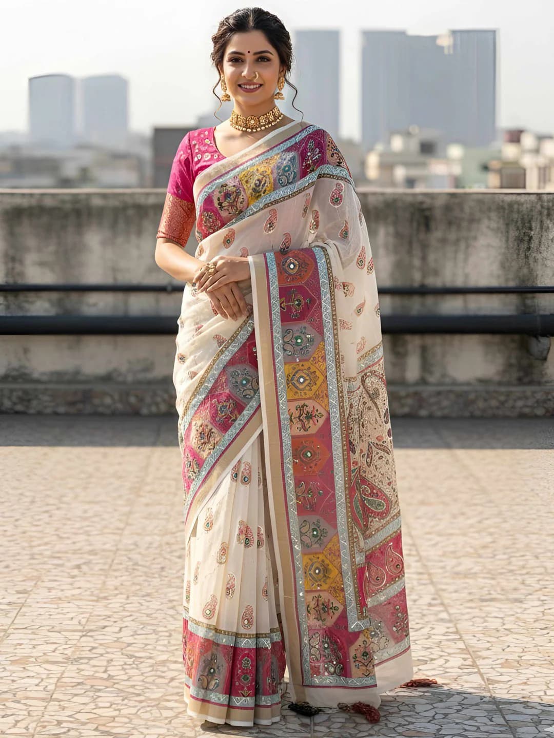 Women's Off White Linen Saree with Paisley Prints Embroidery Work and Unstitched Blouse Piece