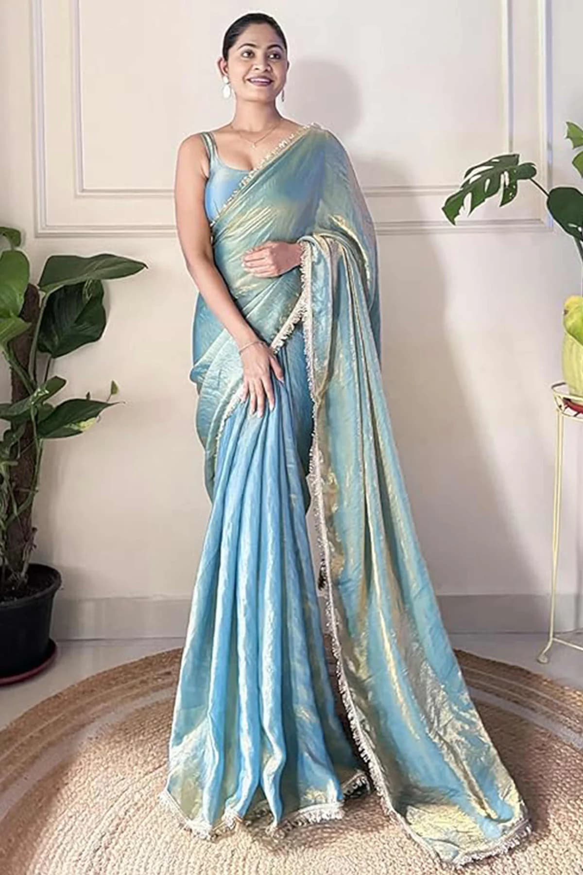 Women's Blue Organza Satin Silk Saree with Lace Border and Unstitched Blouse Piece