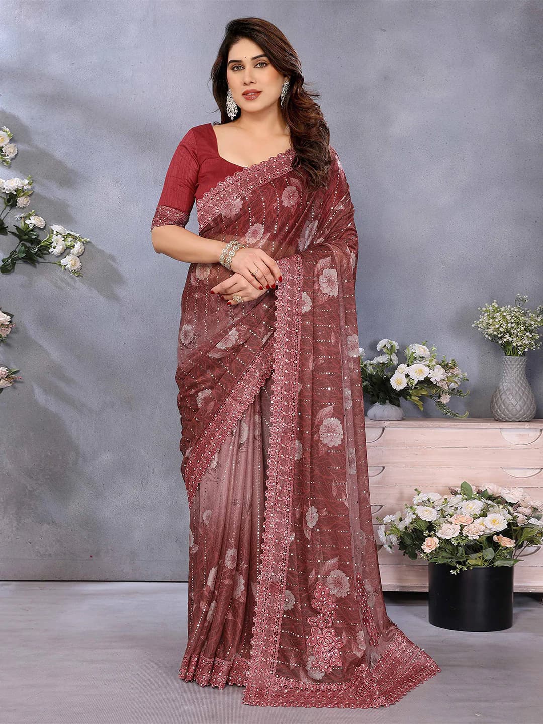 Women's Brown Chiffon Saree with Floral Embroidery and Unstitched Mono Silk Blouse Piece
