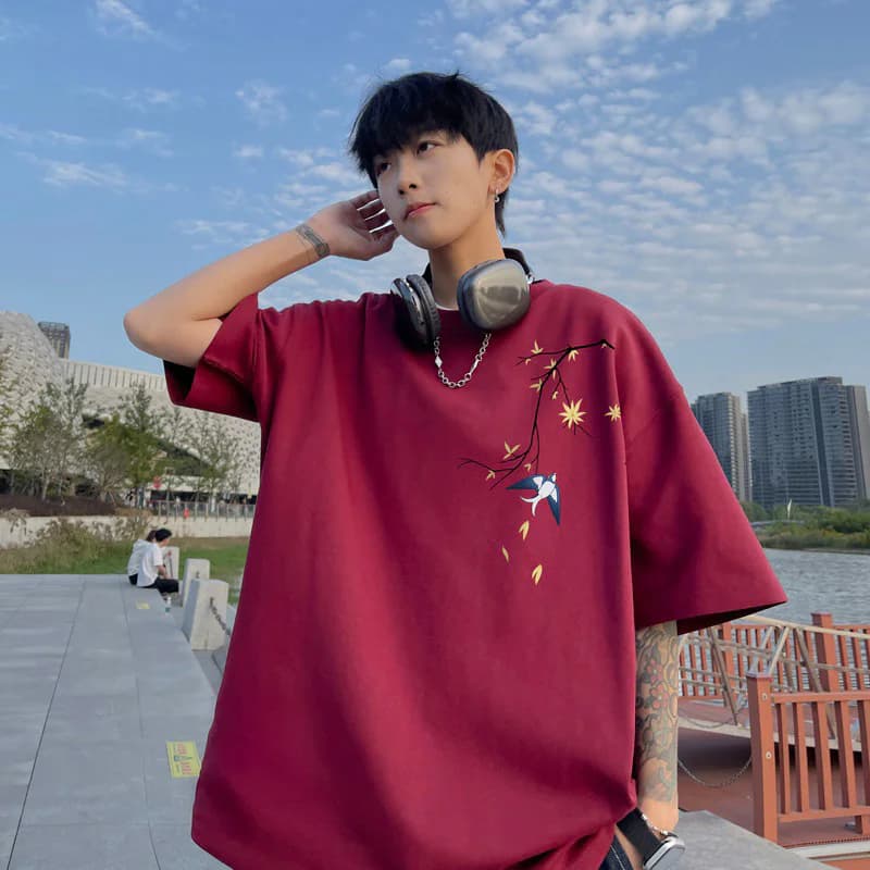 Men's Red Casual Printed Regular Fit Tshirt
