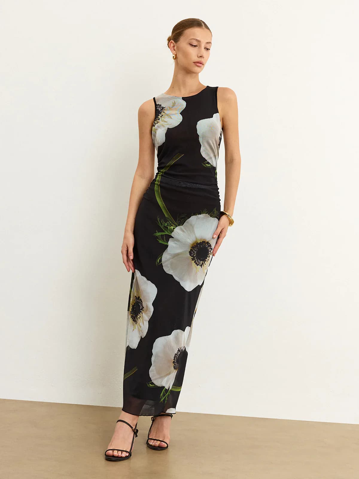 Women's Black Casual Bodycon Sheer Floral Print Maxi Dress