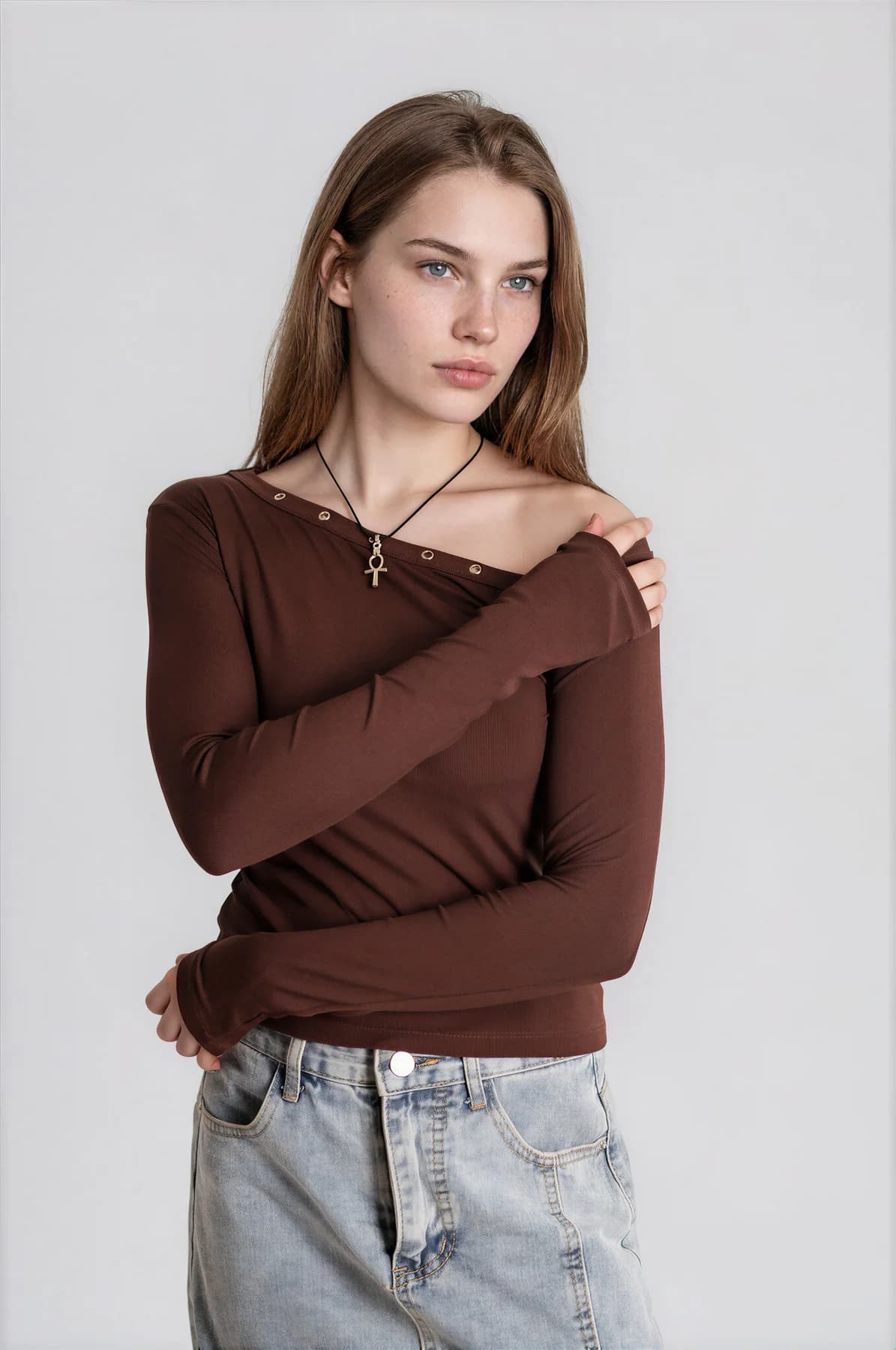 Women's Brown Casual Regular Fit One Shoulder Top With Eyelets