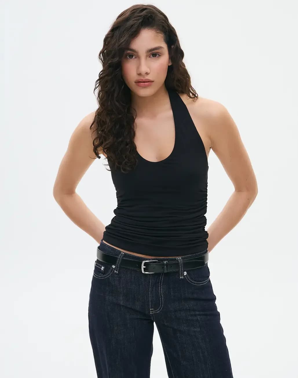 Women's Black Casual Regular Fit Ruched Side Halter Top
