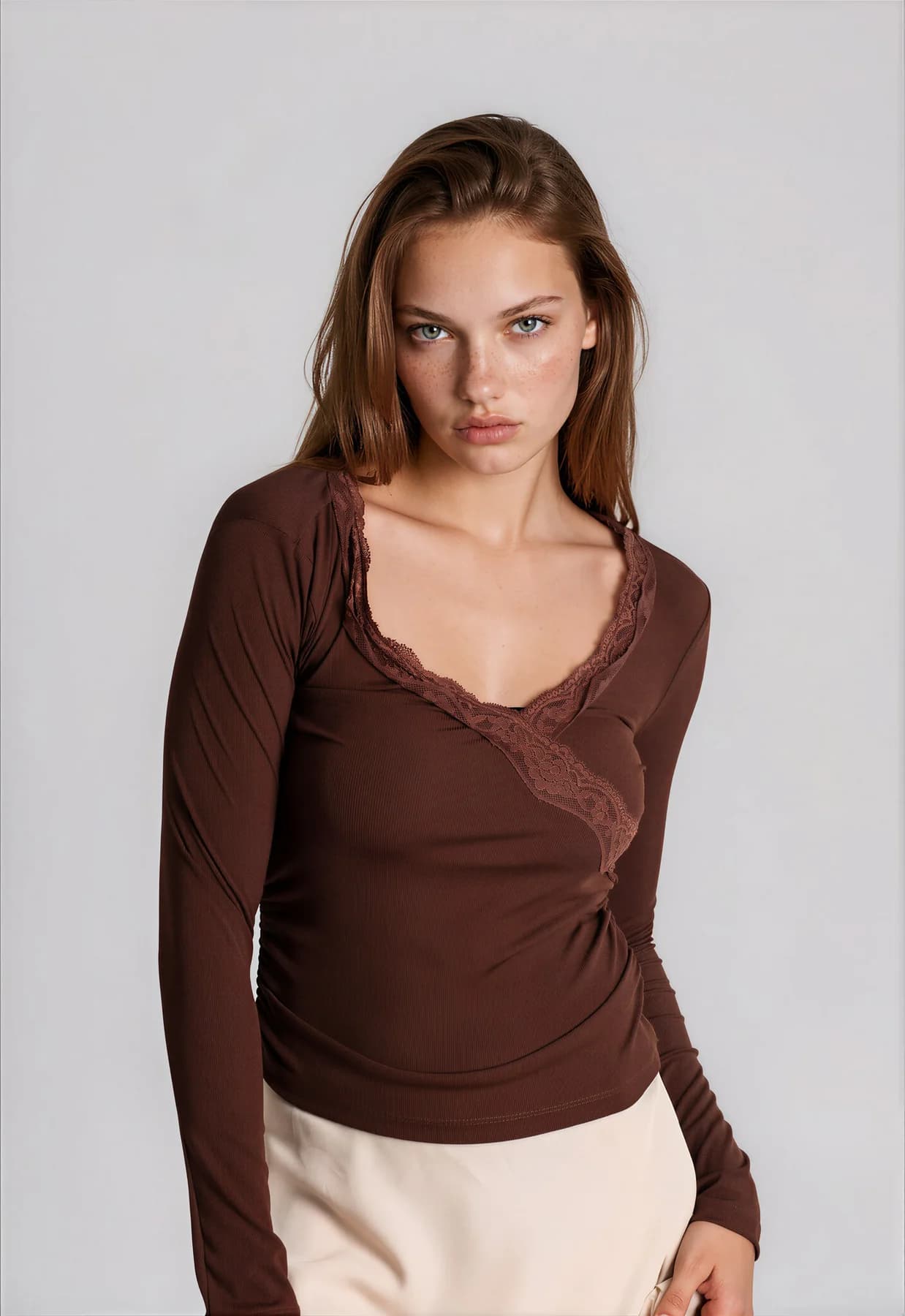 Women's Brown Casual Regular Fit V-Neck Solid Lace Trim Ruched Long Sleeve Top