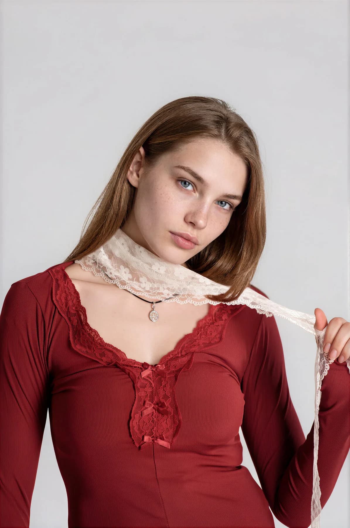 Women's Red Casual Regular Fit V-Neck Ribbed Bow Top