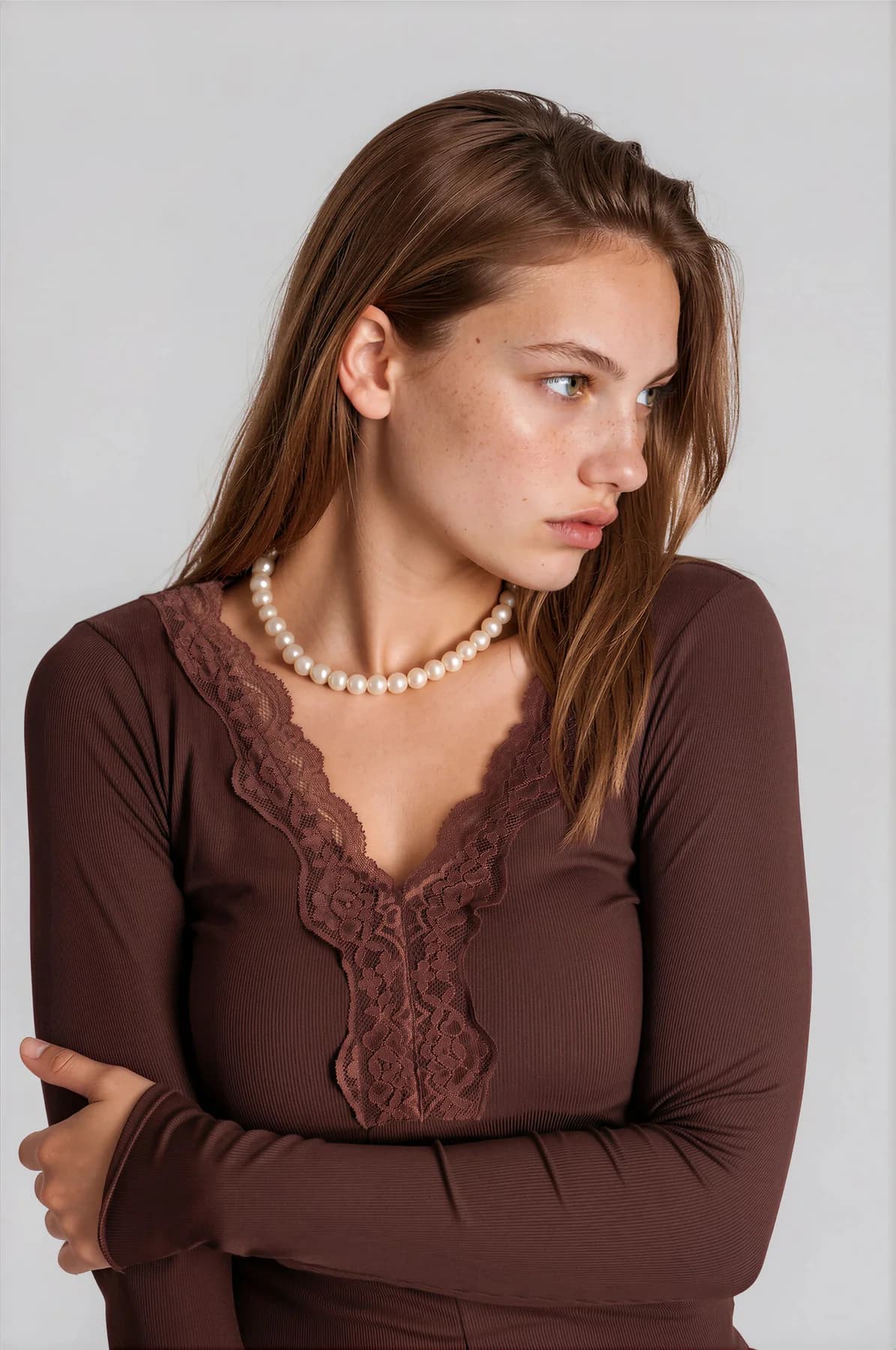 Women's Brown Casual Regular Fit V-Neck Ribbed Bow Top