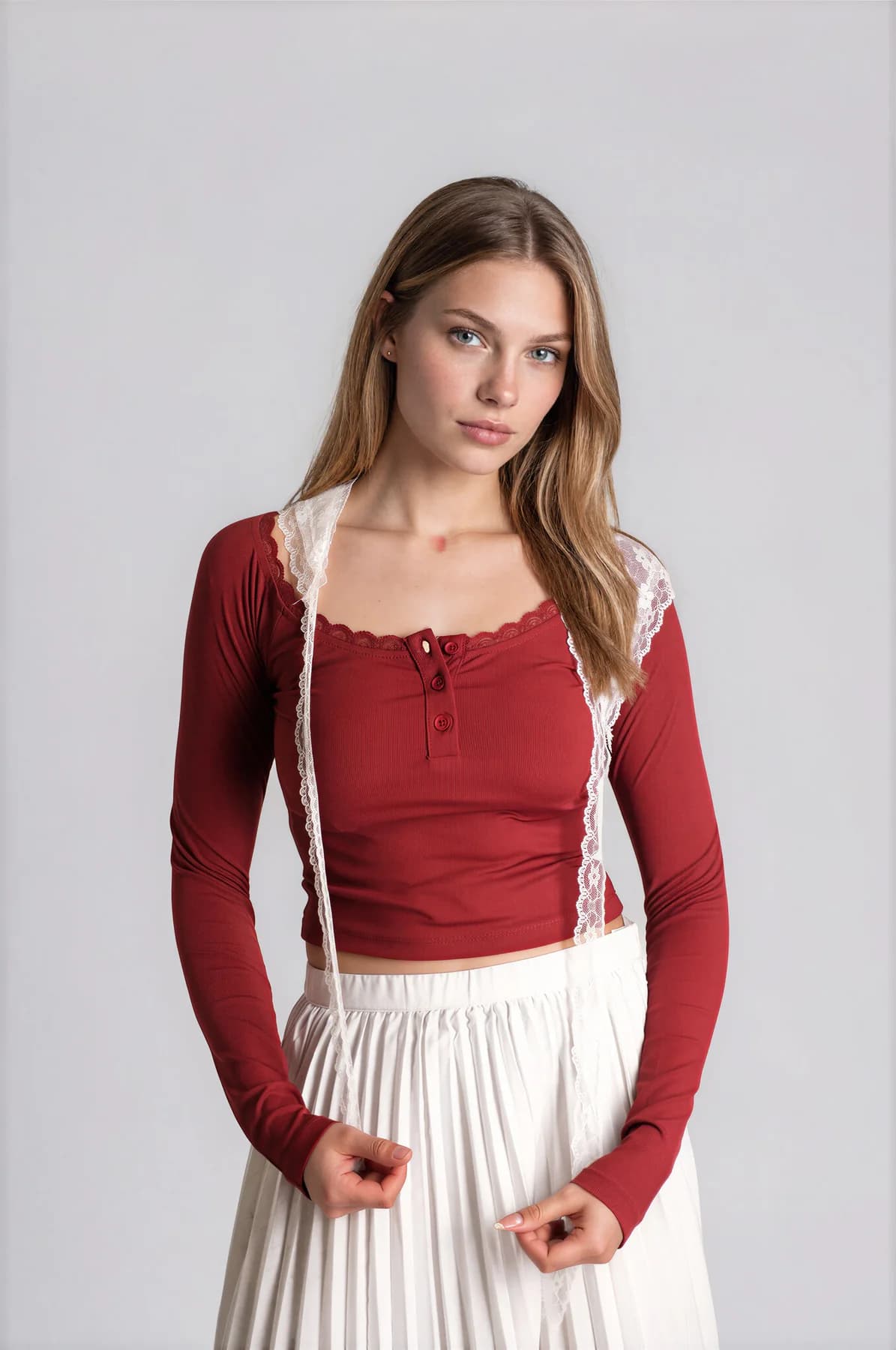 Women's Red Casual Regular Fit Polo Lace Trim Rib Top