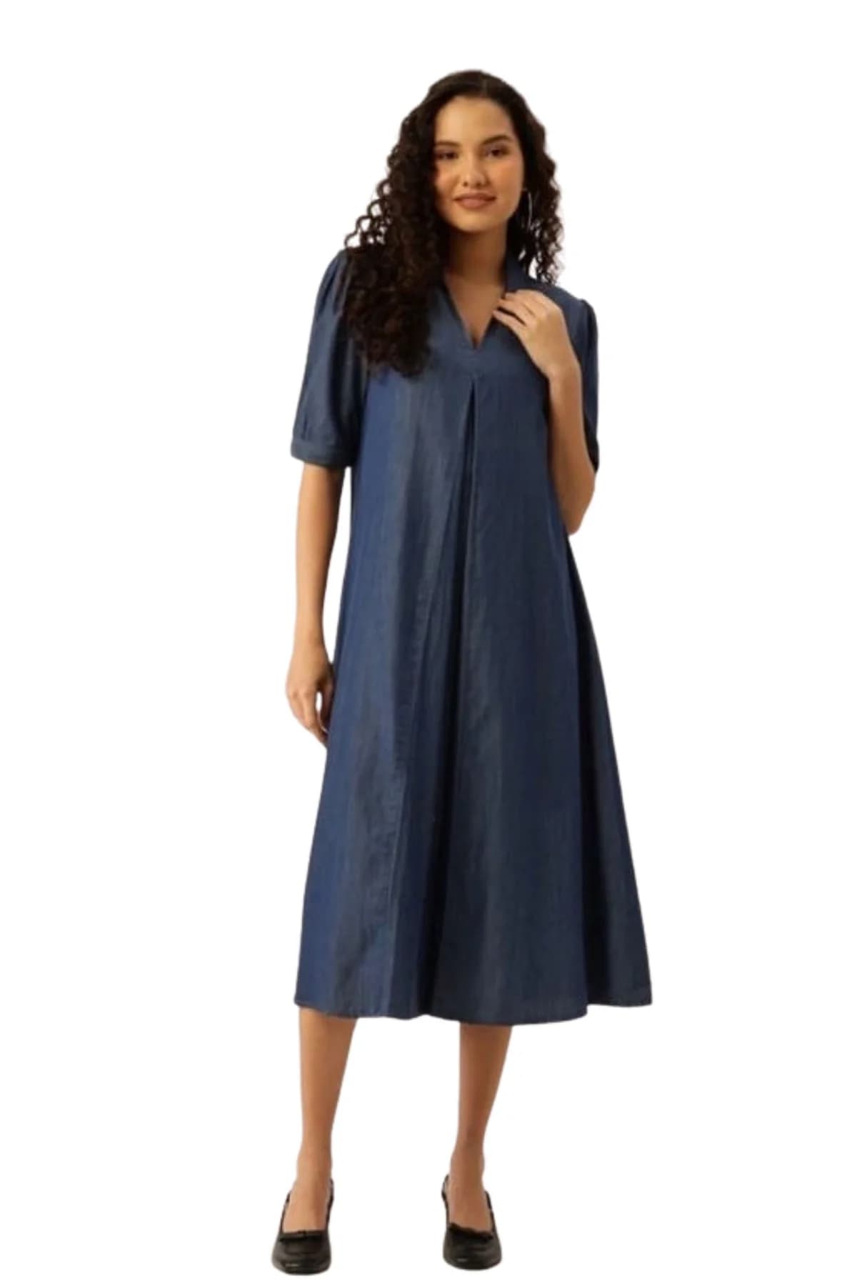 Women's Blue Woven Casual Denim Below Knee Half Sleeves Dress