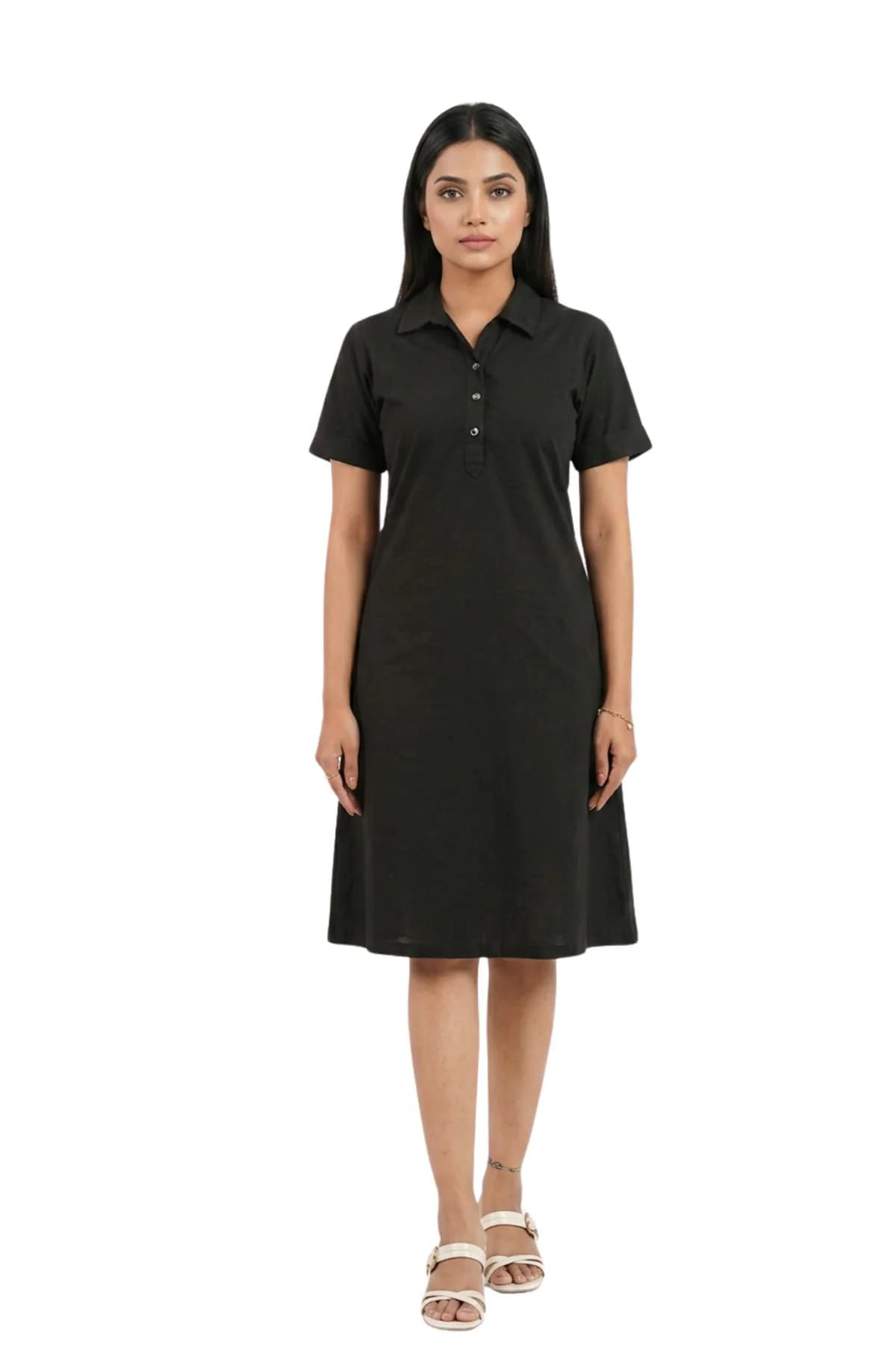 Women's Black Woven Casual Above Knee Half Sleeves Dress
