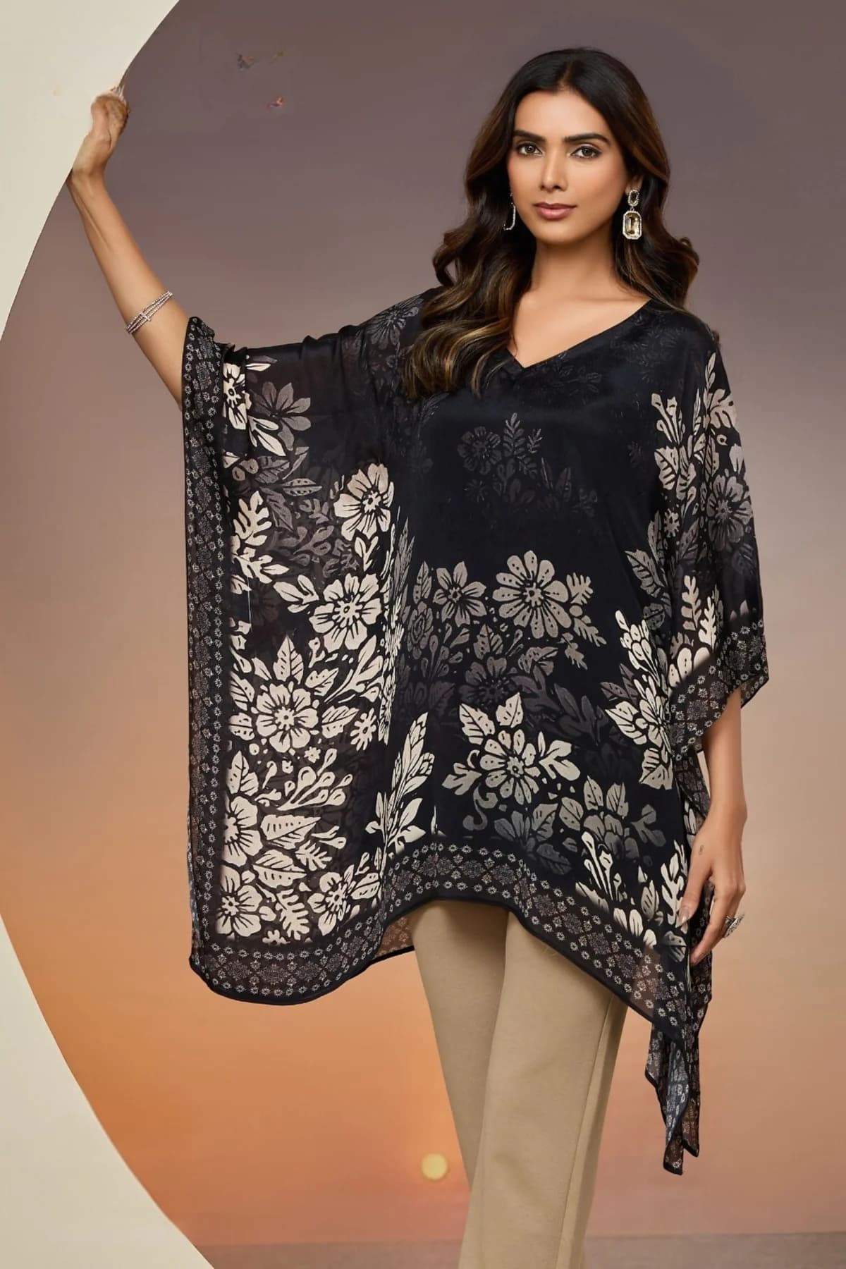 Women's Black and White Viscose Chinon Floral Print Short Kaftan