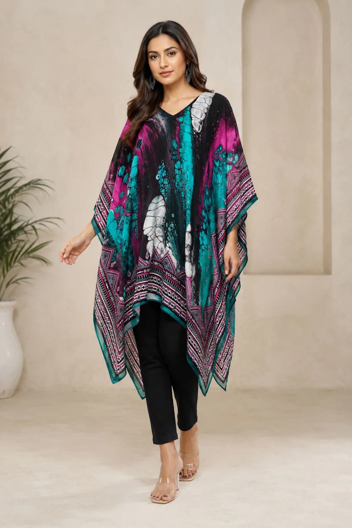 Women's Multicolor Abstract Printed Viscose Short Kaftan