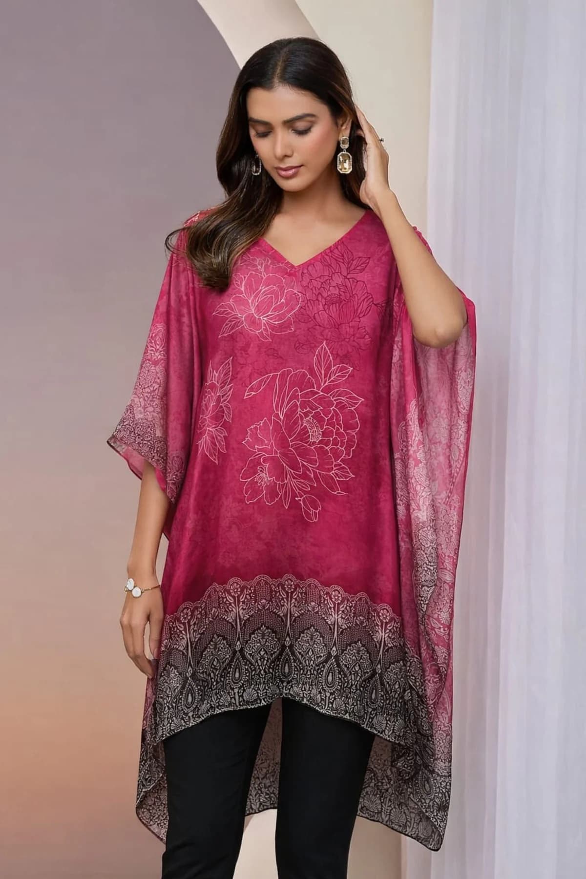 Women's Pink Abstract Floral Printed Viscose Short Kaftan