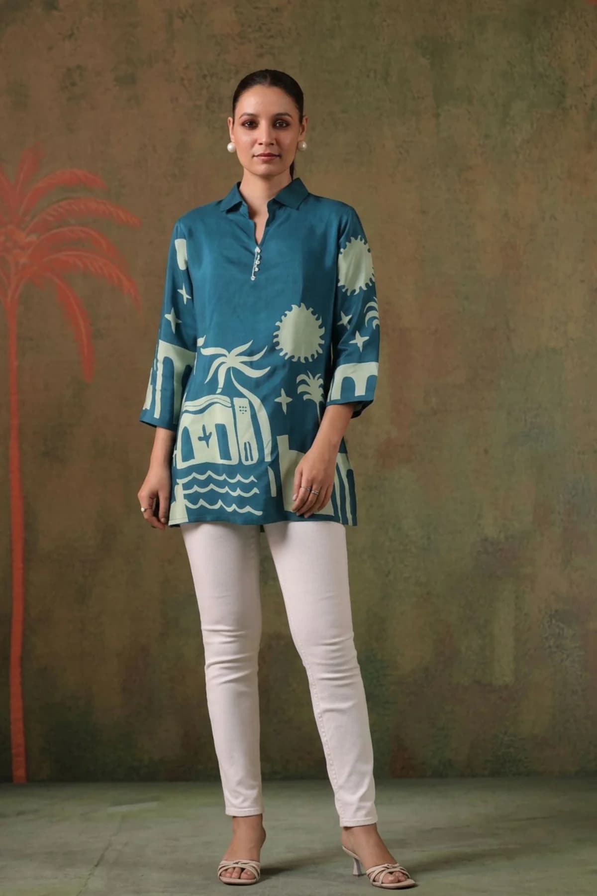 Women's Blue Ethnic Printed Russian Silk Short Top