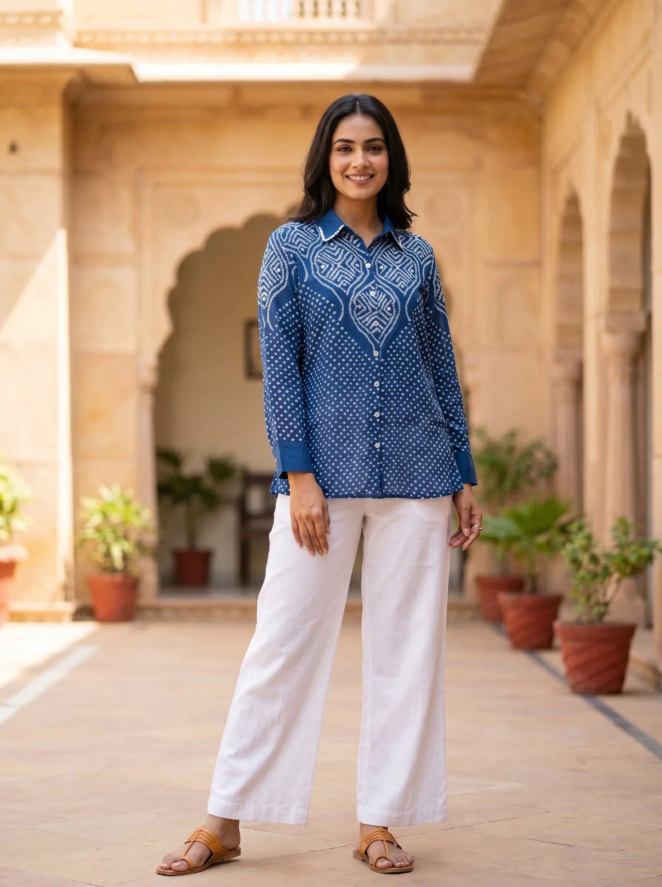 Women's Blue Crepe Bandhani Placement Print Shirt with Sequence Detailing