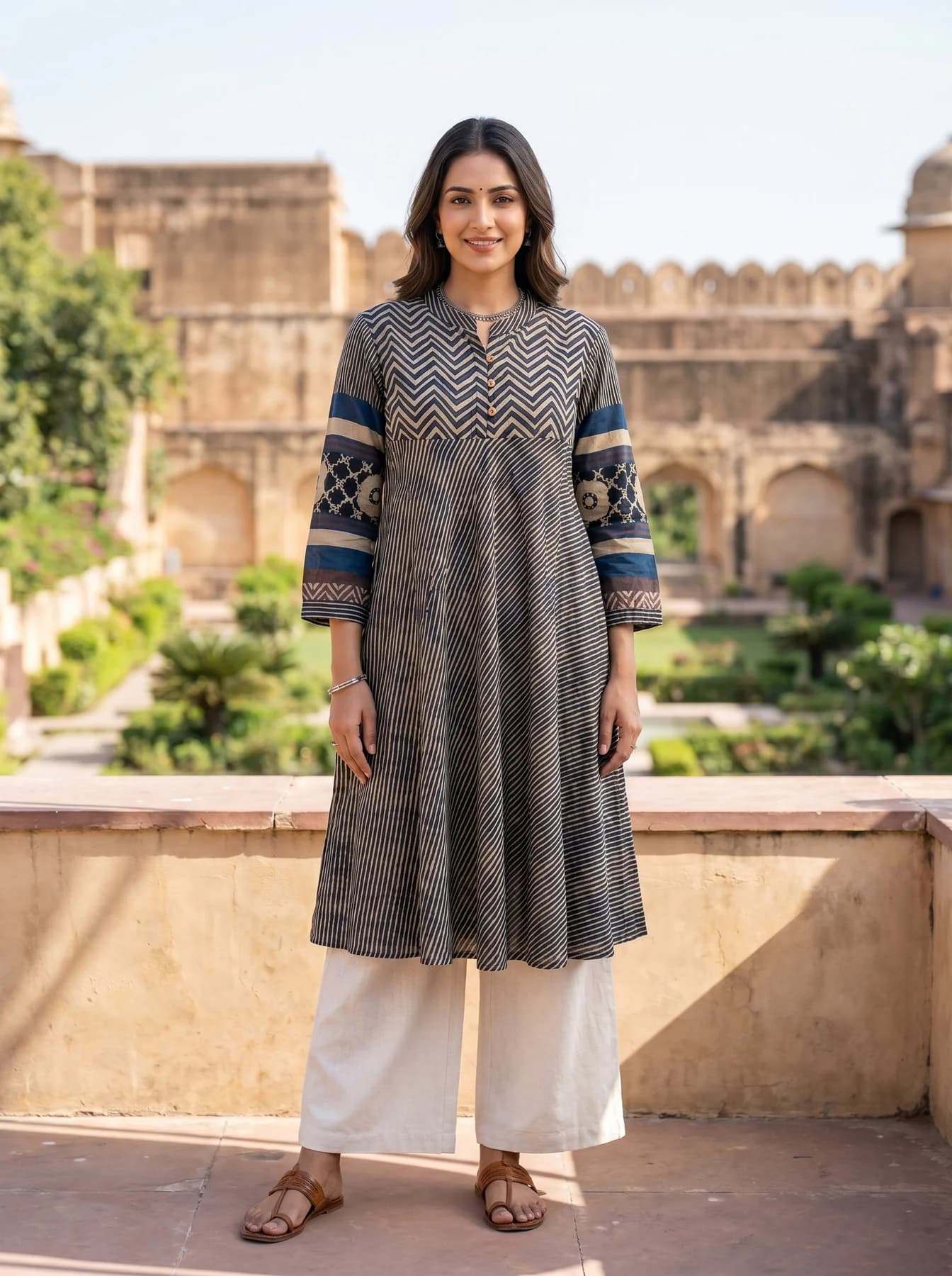 Women's Blue Crepe Bandhani Placement Print Top with Sequence Detailing