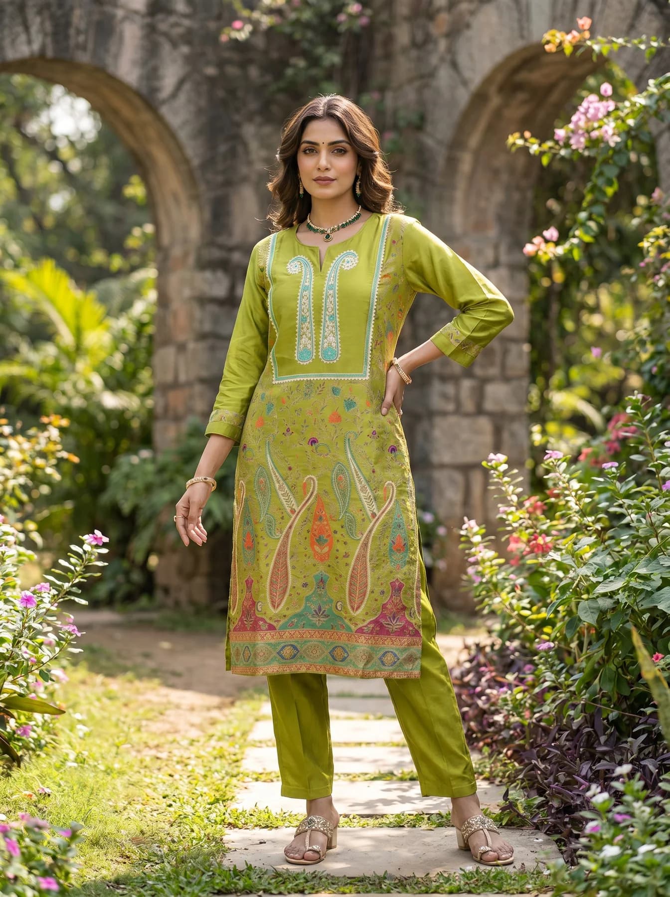 Women's Green Kurta Cotton Style Co-ord Set