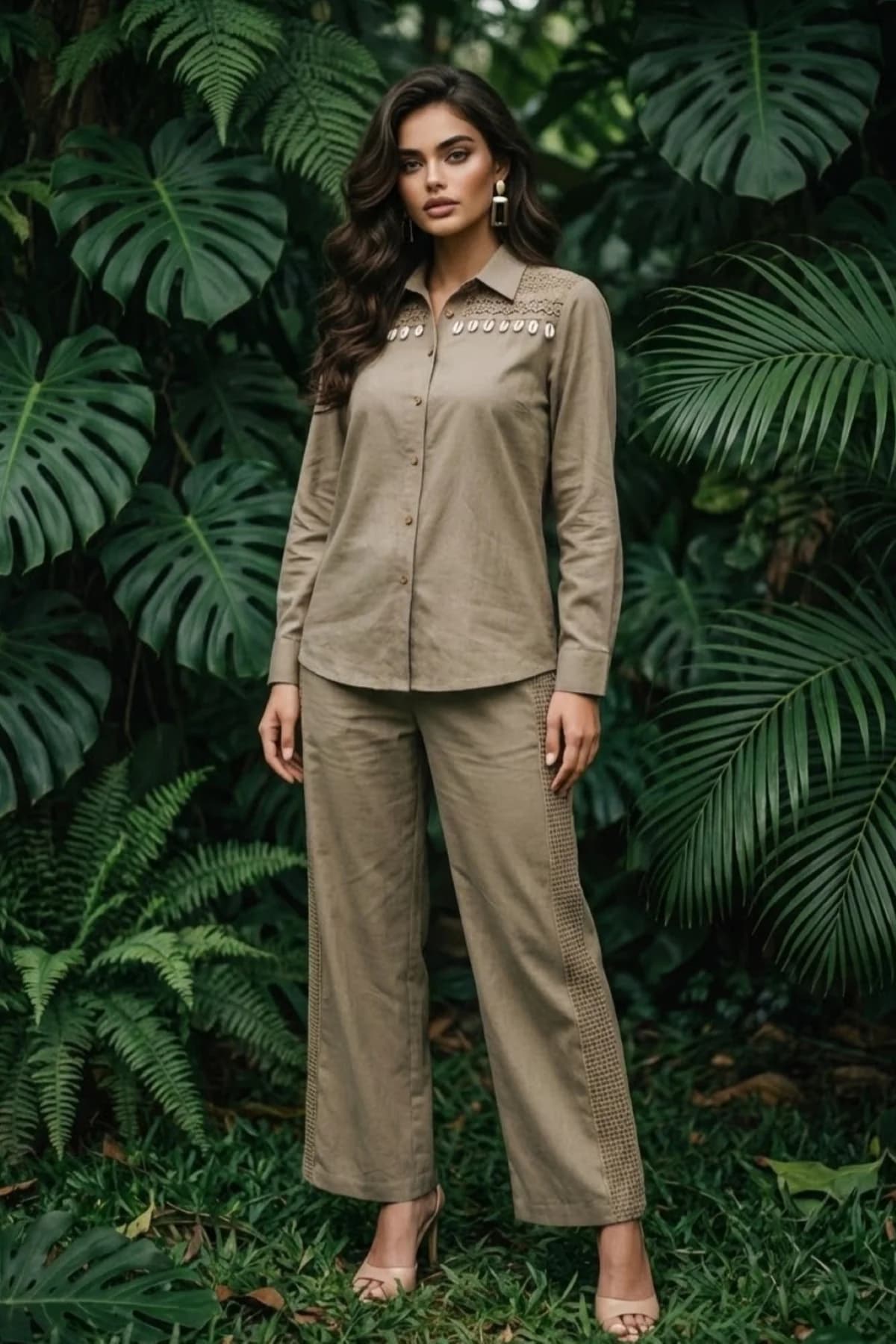 Women's Green Cotton Flex Shirt Wide Pant with Koddi Detailing Co-ord Set